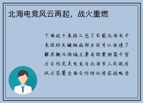 北海电竞风云再起，战火重燃